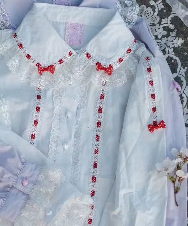 Galette Bunny - Stand Collar - Cotton Long-Sleeve Blouse with Lace-Trimmed Panels