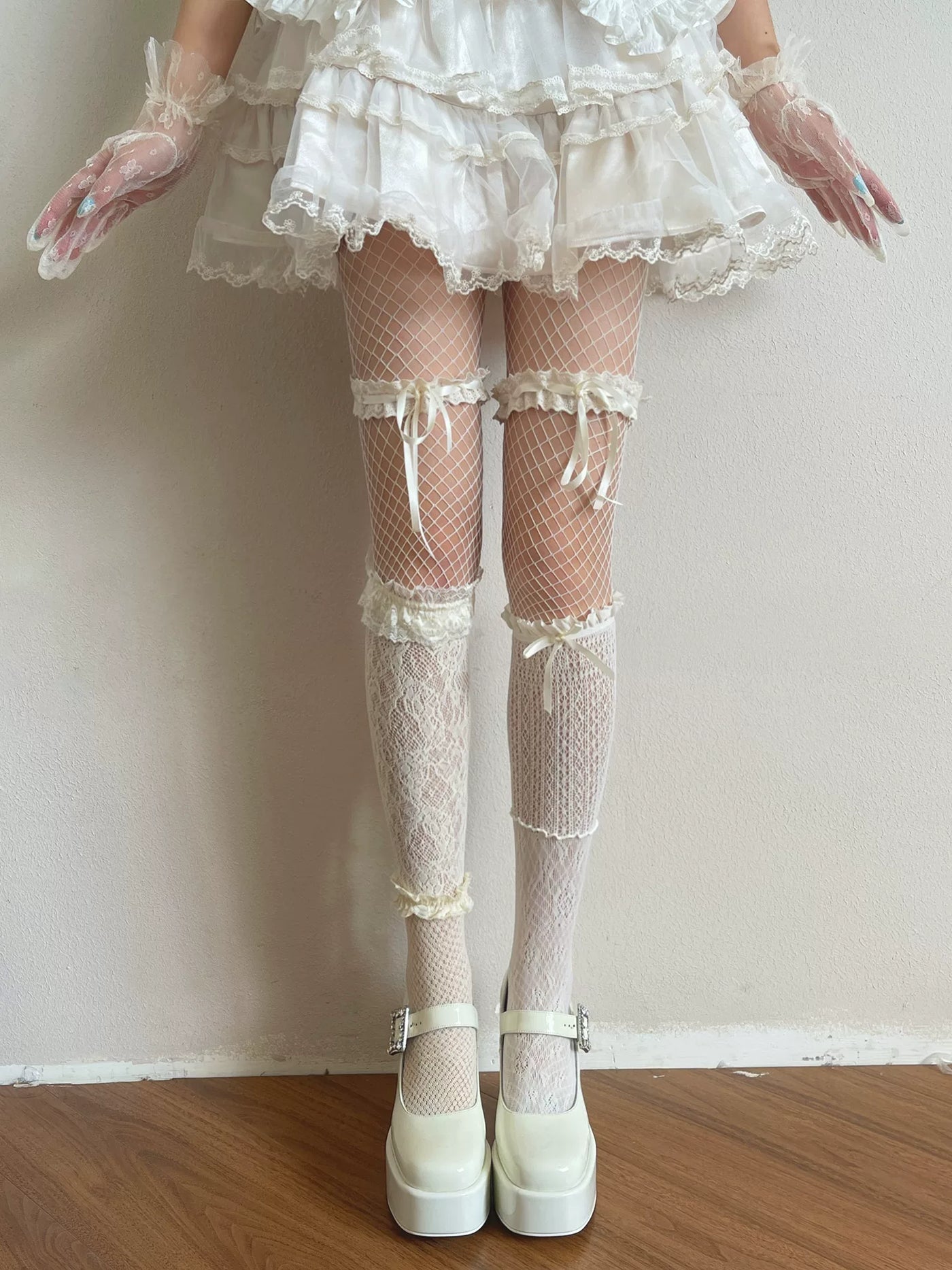 Sock Noble - Cream Lace Patchwork - Mid-Calf Layered Hosiery with Lace, Bow and Fishnet Details