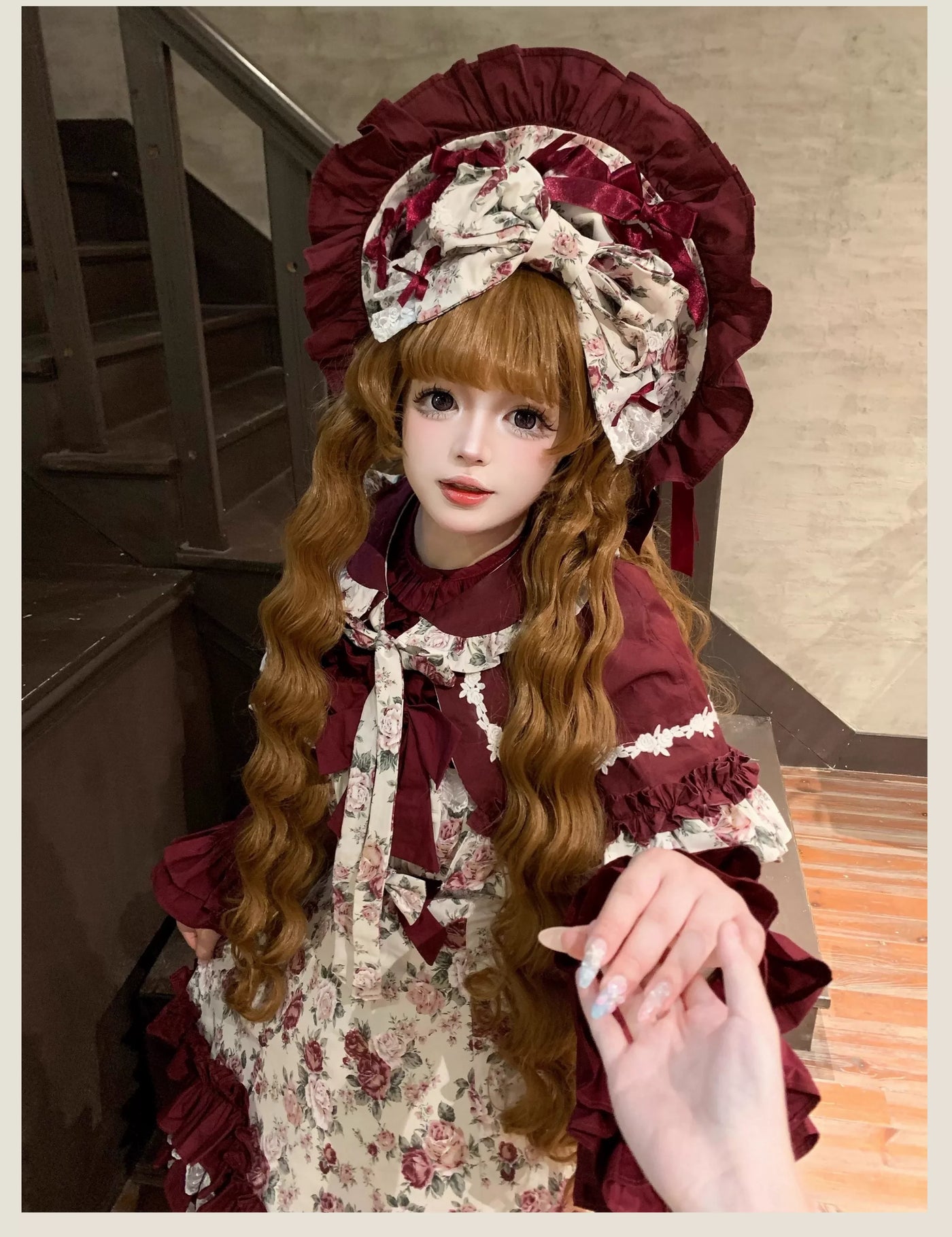 TaTaTa Lolita - Burgundy Rose - Floral Printed Old School Lolita JSK, Elegant Cape