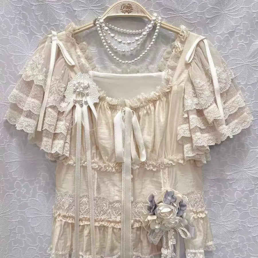 Sweetheart Dream Machine apricot lace Lolita blouse with ribbon ties