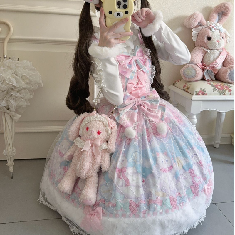 Lady Han Candy Mary Cat sweet lolita JSK dress featuring colorful candy and cat print, with ruffled details and bow accents.