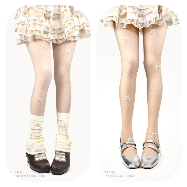 White sheer Lolita tights with small white bow and scattered clear rhinestones