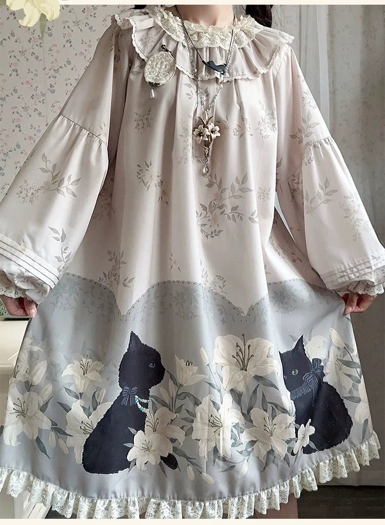 GZYRZ - Black Cat and Lily - Lolita fashion set with black cat and lily motifs