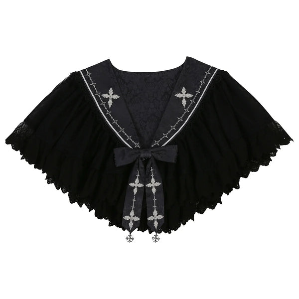 Black and white lace-trimmed cross-motif Lolita cardigans