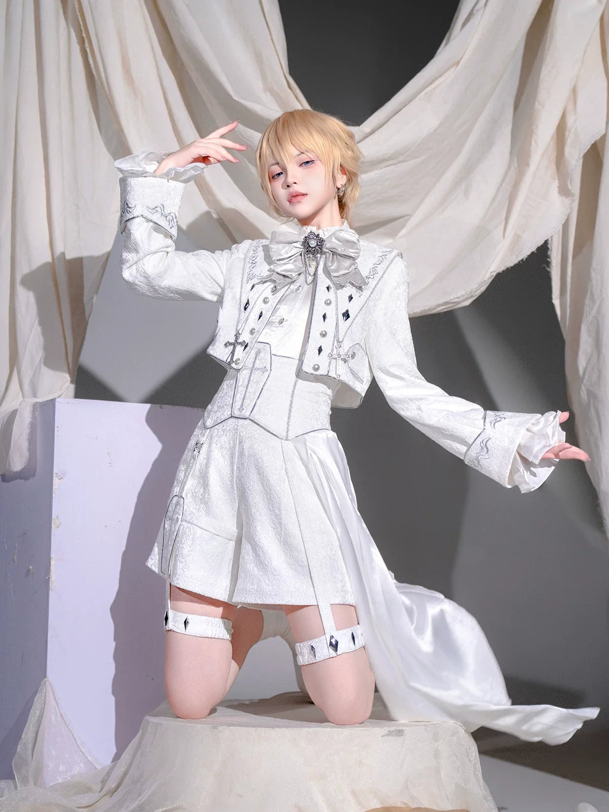 Letters from Unknown Star - Silver Covenant - White Ouji Lolita Embroidery Coat and Shorts Set with Cross