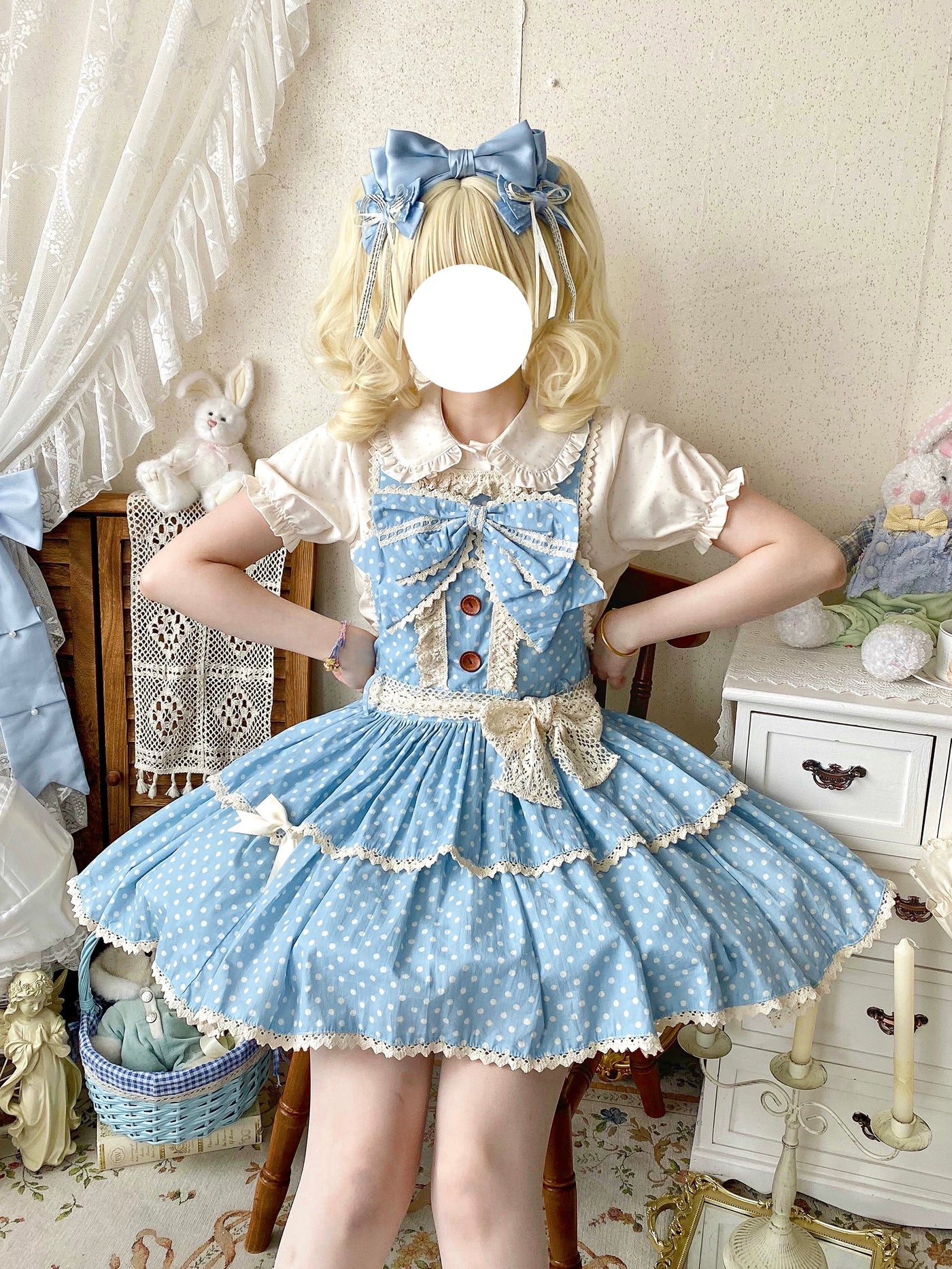 Small polka dot Sweet Lolita jumper skirt in polka dot water blue with cream lace trim and tiered skirt
