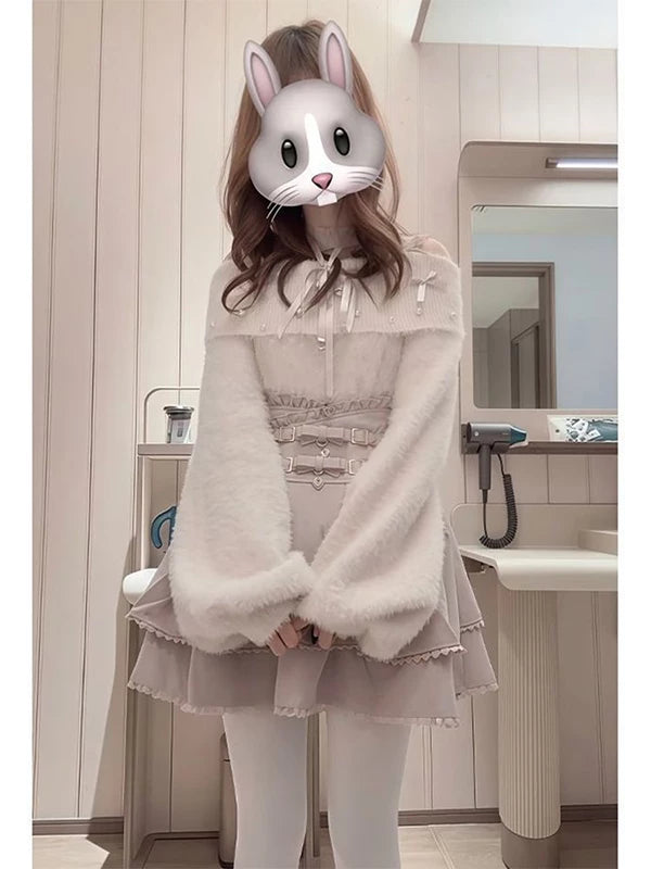 Creamy - Soft-Girl Sweet - Lolita Fashion Set with Bow Top and High-Waisted Short Skirt