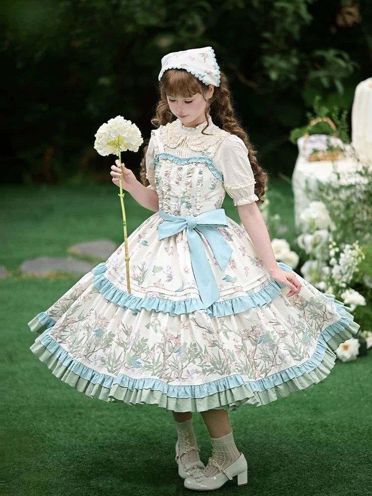 With PUJI - Oriole Time - Country Lolita JSK and OP Dress, Floral and Bird Print detail view 4