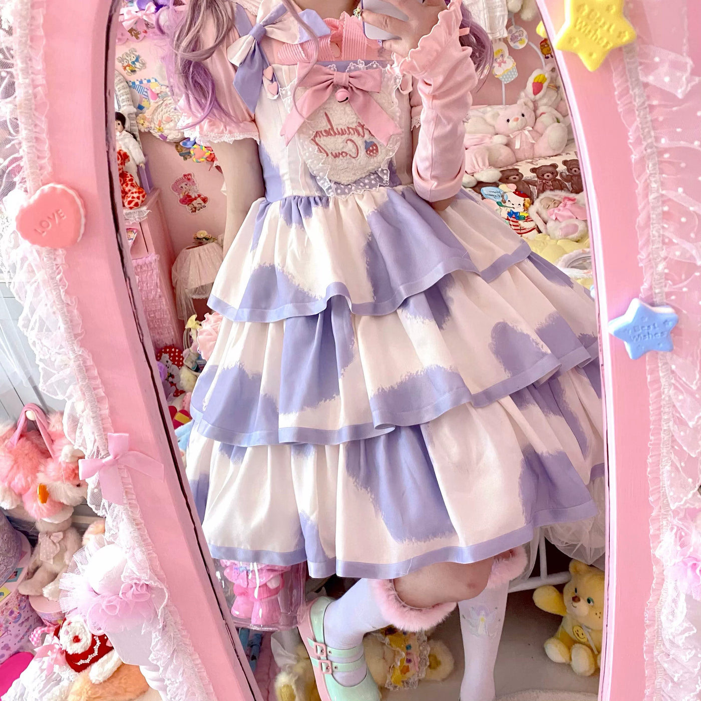 Tata Long Ear - Milk Cake Cow Print - Cow-Print JSK Dress with Three-Section Skirt