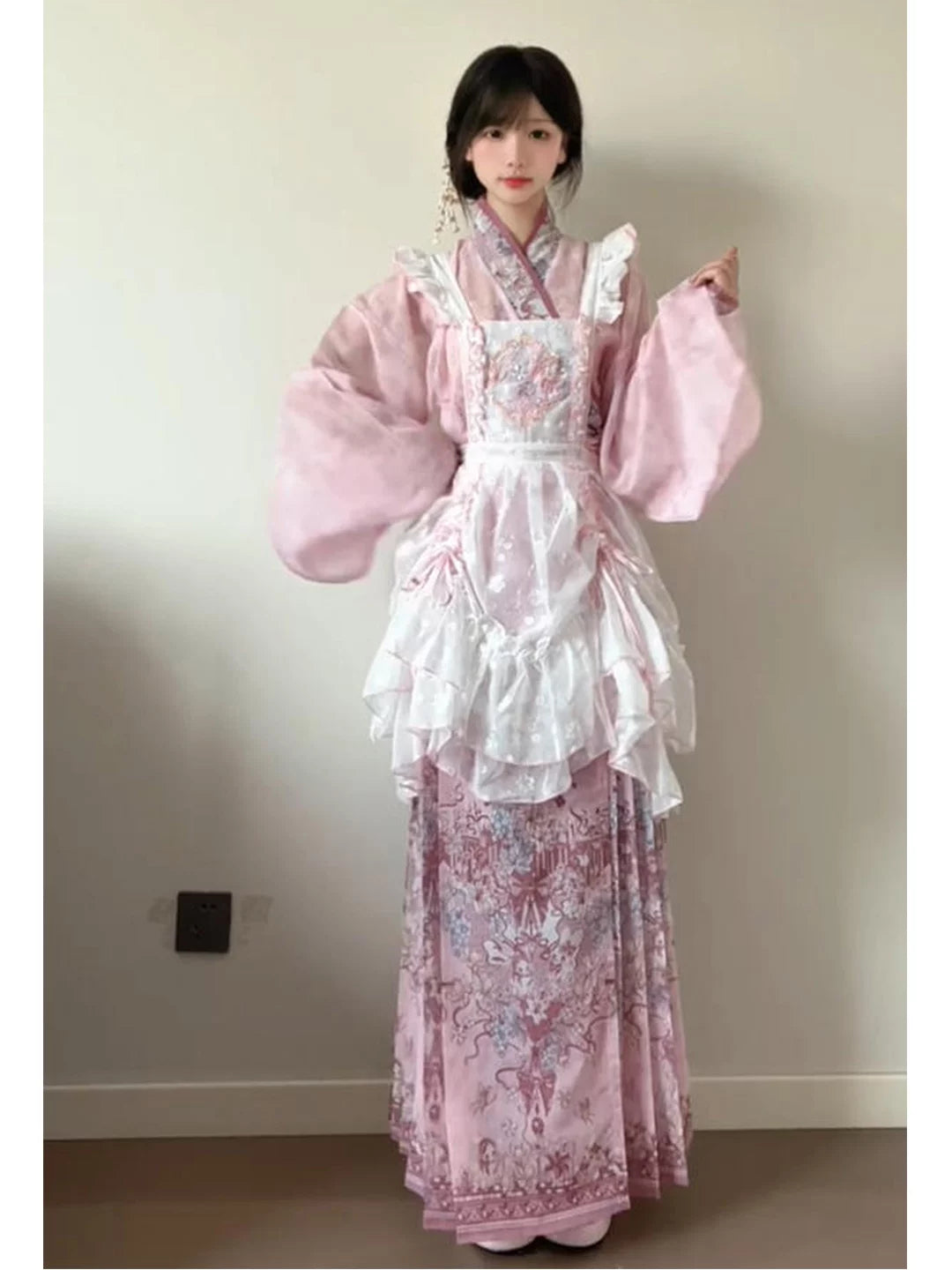 Creamy - Pink Han-Western Fusion - Lolita Fashion Set with Ruffled Overskirt