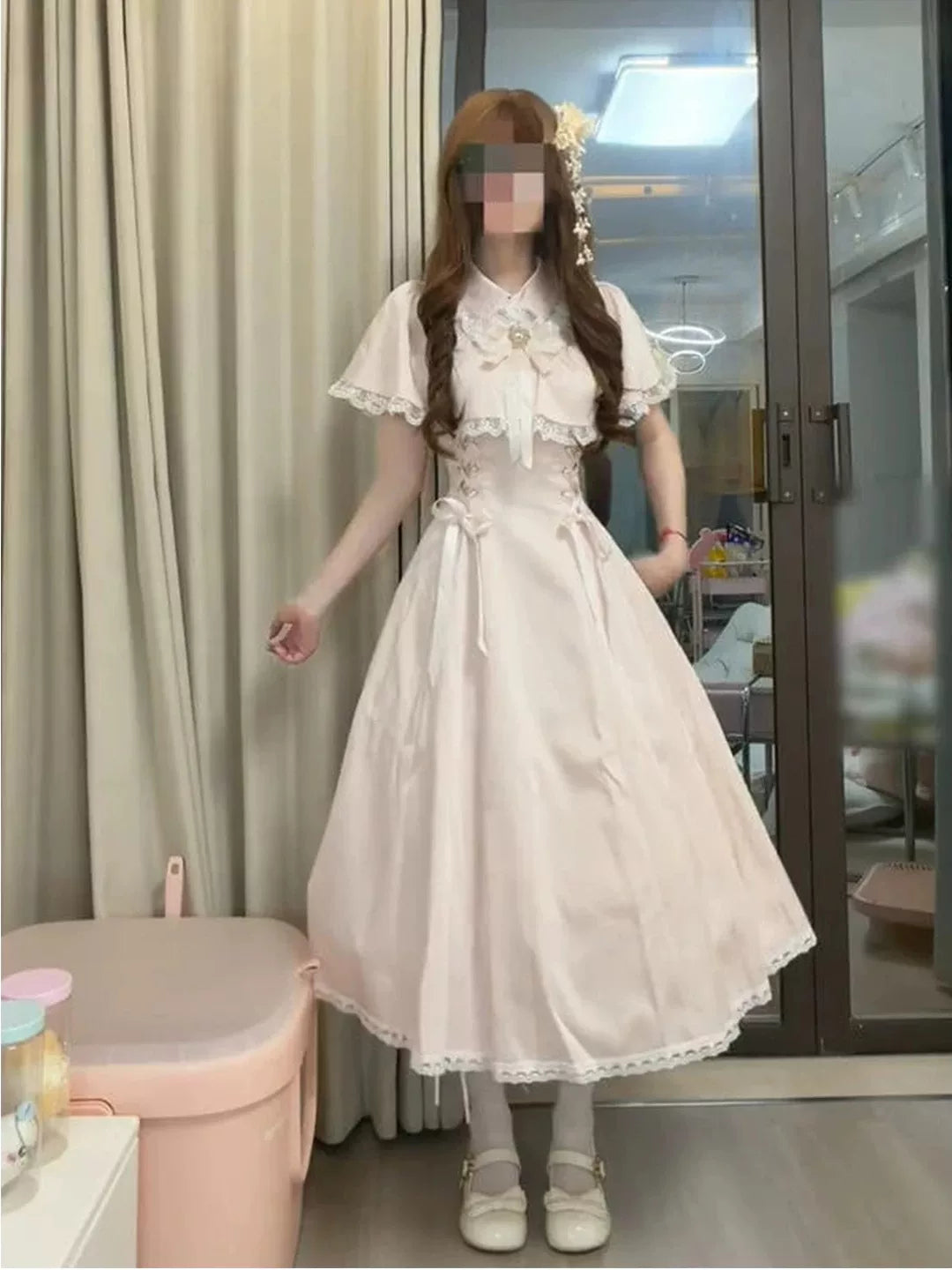 Creamy - Pink Cape - Pink Lolita long dress with a lace-trimmed cape and waist ties