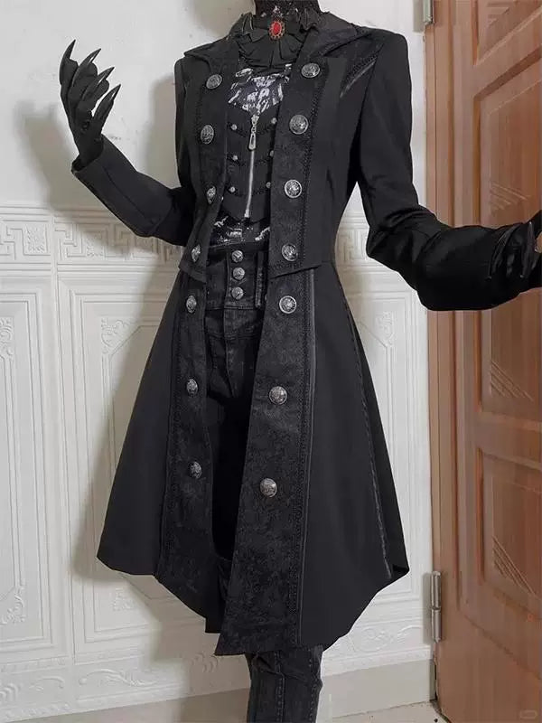 Black bat-wing-inspired long coat with silver-tone buttons and a flared silhouette