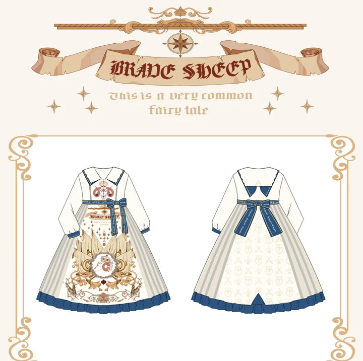 Baozi Pig - Blue Crest - Long-Sleeve One-Piece Dress with Blue Trim
