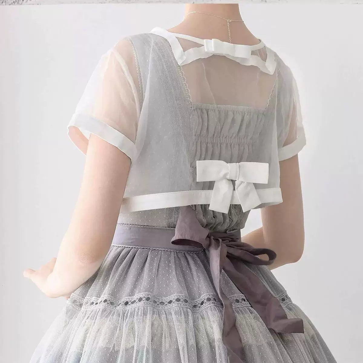 Sweetheart Dream Machine - Ribbon Overlay - Short-Sleeve Blouse with Sheer Panels and Bow Details