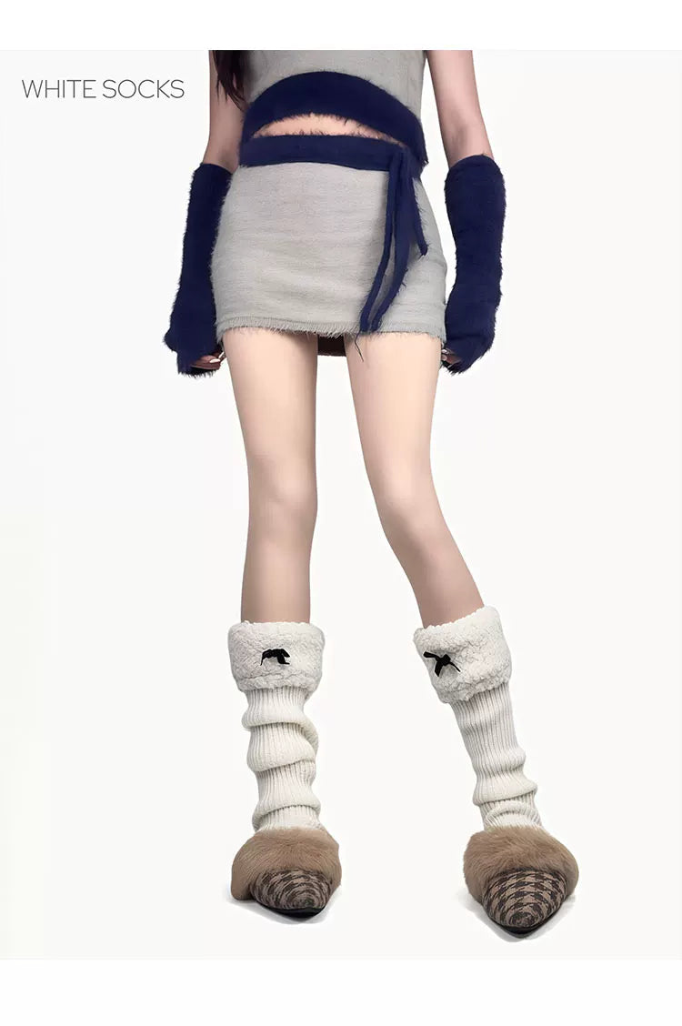 White Socks - Fleece Bow - Stirrup Knit Leg Warmers with Fleece Cuffs