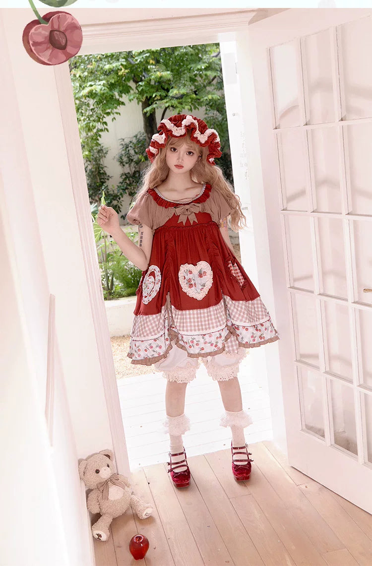 Baozi Pig - Cherry Pastoral - Red OP Dress with Cherry Print