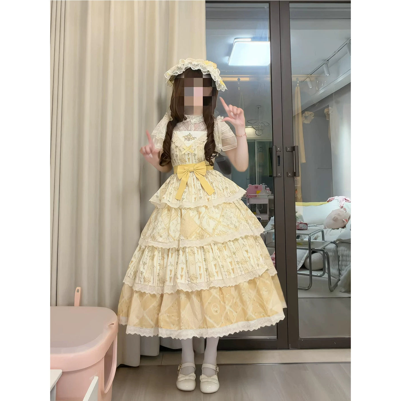Creamy - Country Embroidery - Yellow JSK dress with a tiered printed skirt