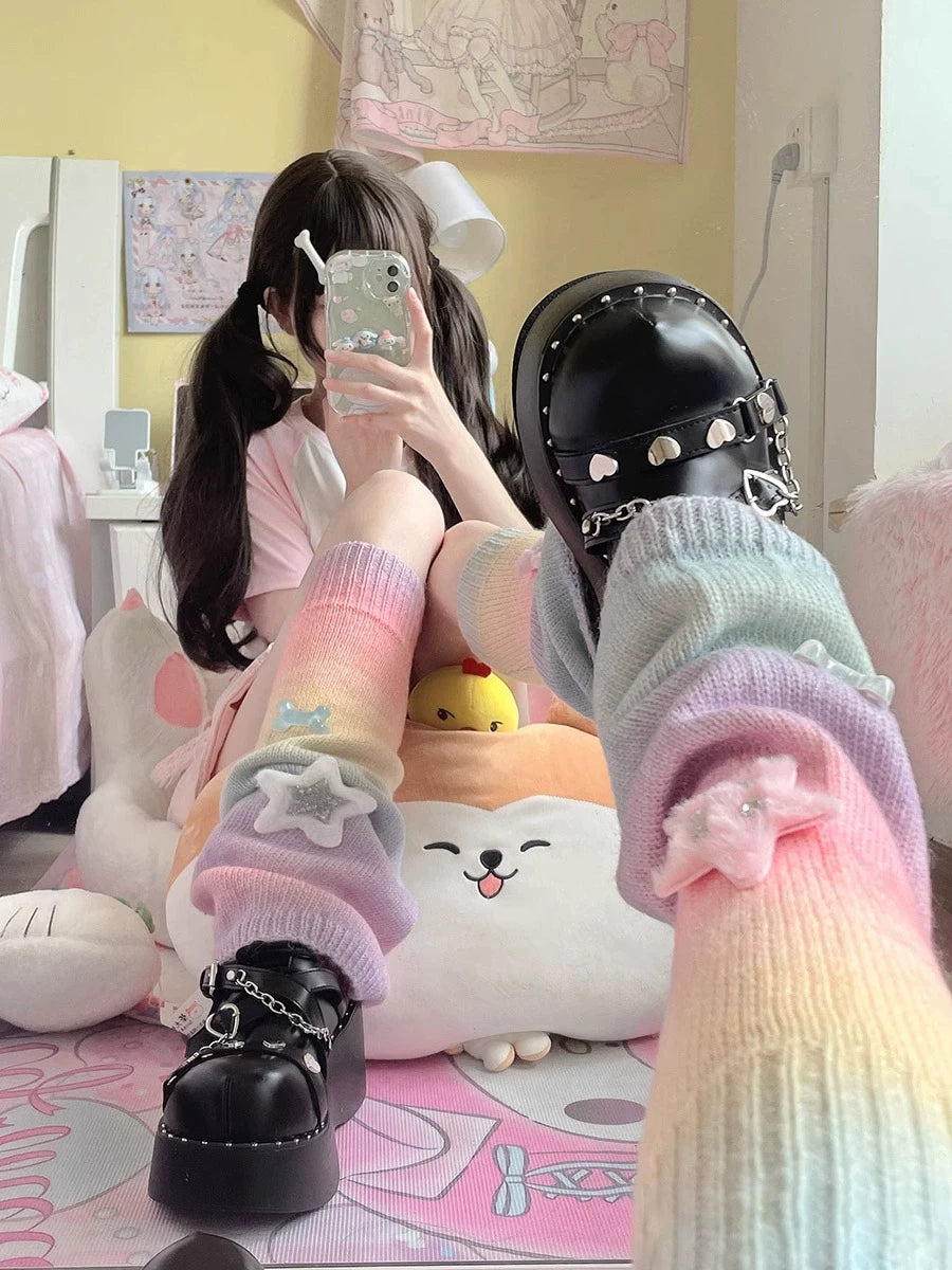 Floral Milk Cat - Rainbow Gradient - 50cm Rainbow Leg Warmers with Star-Bone Style Option