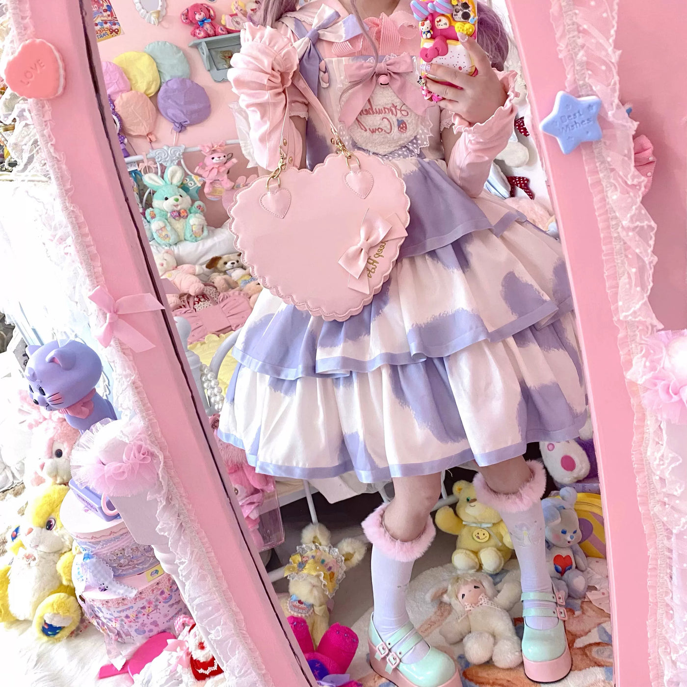 Tata Long Ear - Milk Cake Cow Print - Cow-Print JSK Dress with Three-Section Skirt