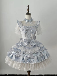 Blue Princess - Blue Lolita Dress with Lace Trims and Six Bows - Blue skirt + train + inner layer + 6 bows + 2 heart-shaped brooches (free neck accessory included) / S