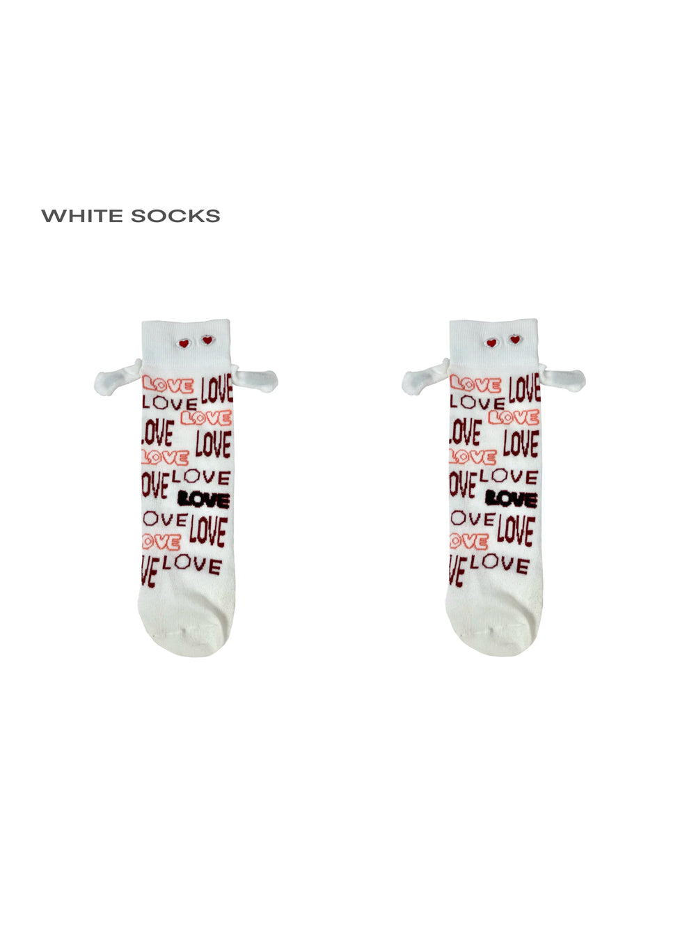 White LOVE-lettered mid-calf socks with red hearts styled with chunky sneakers