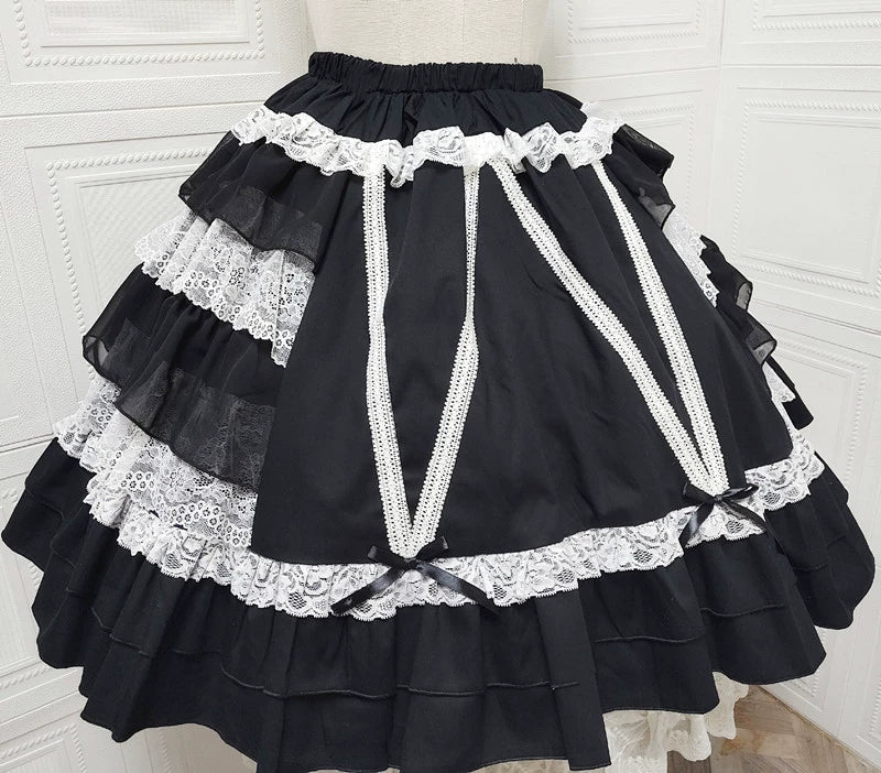 Japanese Old School Lolita Skirt, Polka Dots & Lace Black One Size