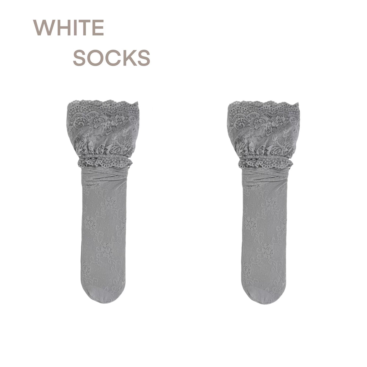 Sheer light grey mid-calf sock with lace cuff, styled with small bow ballet flats