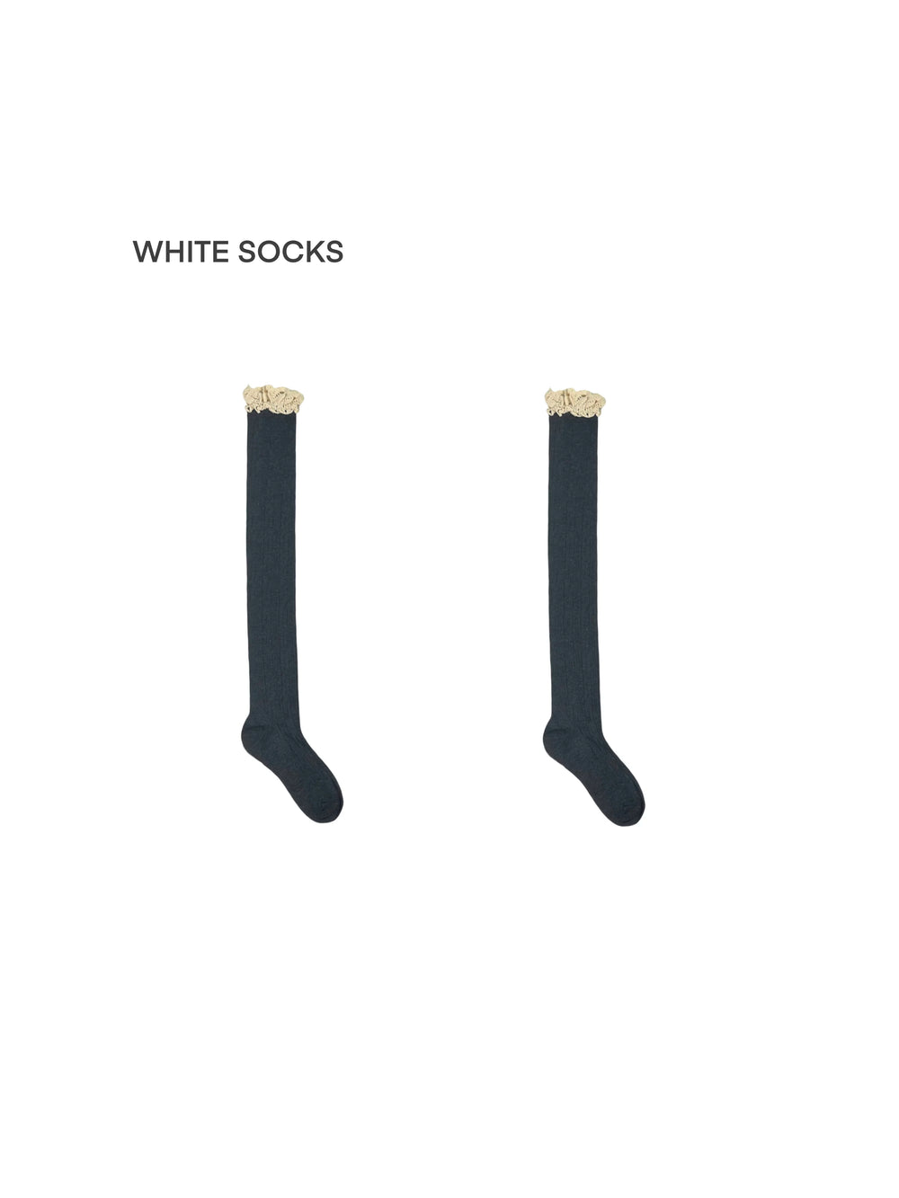 Grey over-the-knee socks with lace edging shown as a pair.