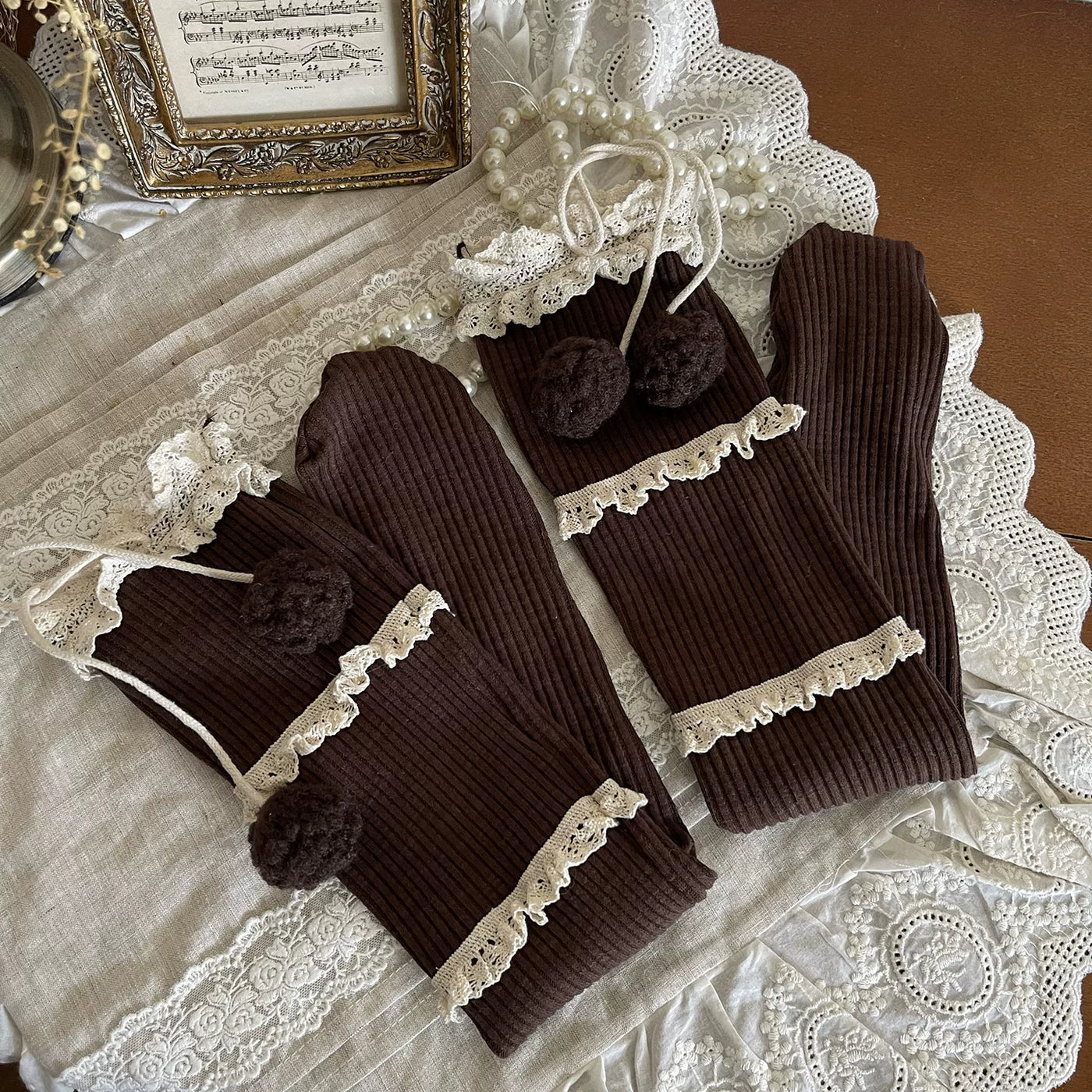 Sock Noble - Three Tier Pom Pom - Mid-Calf Socks with Three-Tier Lace Trim