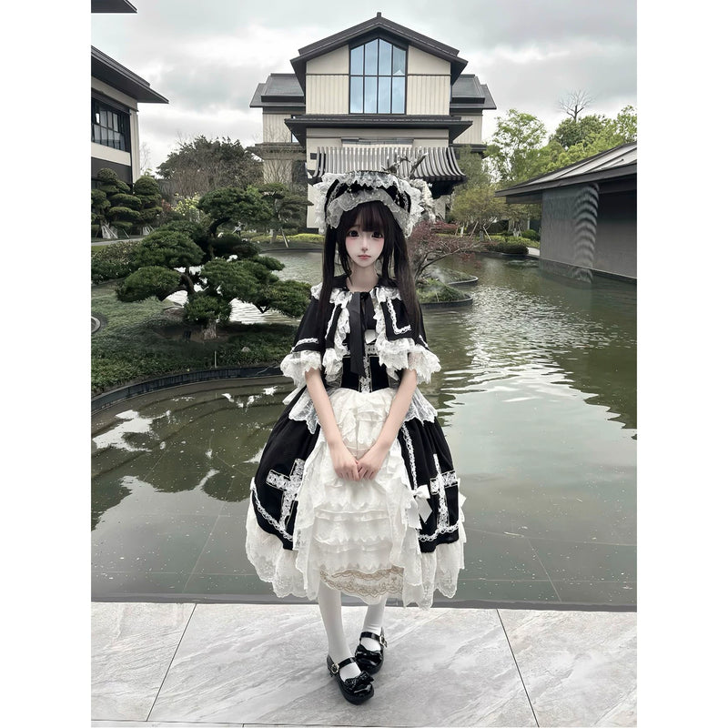 Creamy - Angelic Monochrome - Black-and-White JSK Dress with Cape