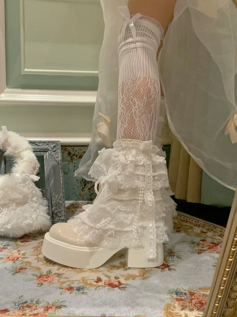 pinkyo White Patent-Finish Pearl & Lace Platform Boots — additional product view