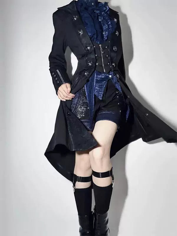 Front view of black Gothic Ouji Lolita longline coat with silver button detailing