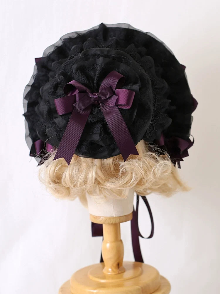 Xiaogui - Classic Lolita Lace Bonnet Hat - Detachable Bows Headwear