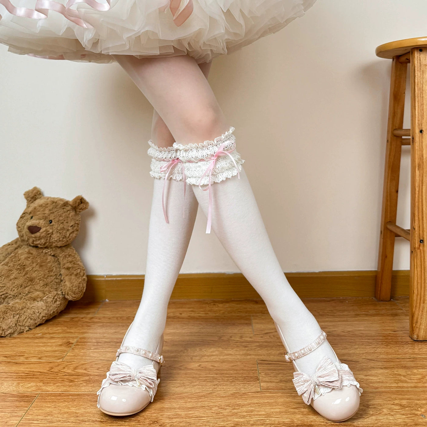 Chubby Bear Tales - Pink Ballet Lace - Lolita sock collection with lace and bow details