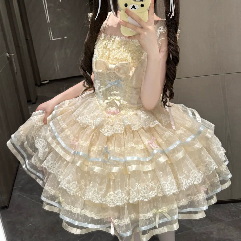 Lady Han Butterfly Ballet JSK dress by Lolita Fetch featuring a floral print, lace details, and a fitted bodice with shoulder straps.
