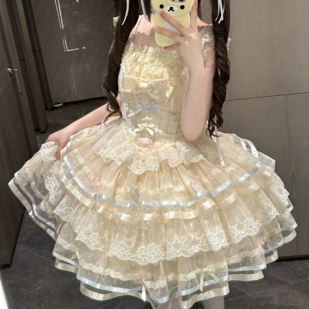 Lady Han Butterfly Ballet JSK dress by Lolita Fetch featuring a floral print, lace details, and a fitted bodice with shoulder straps.