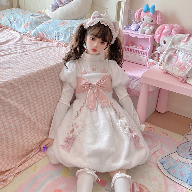 Eieyomi - Cat Planet - White-and-pink Lolita OP dress with cat-claw bows - product detail 5