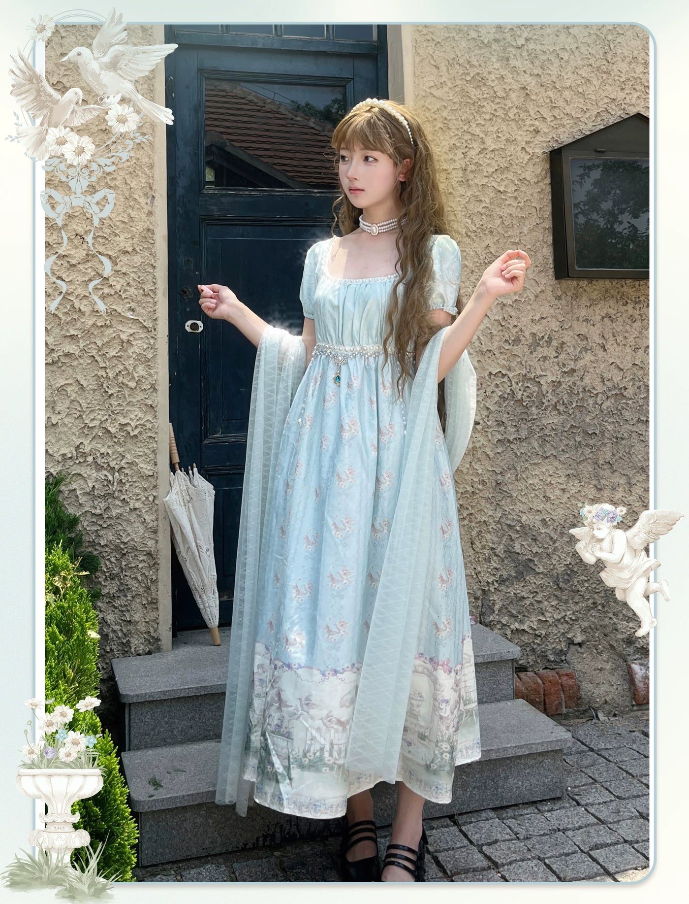 Cat Upon Cat - Angel Garden - Empire-Waist One-Piece Dress with a Garden Scene Hem