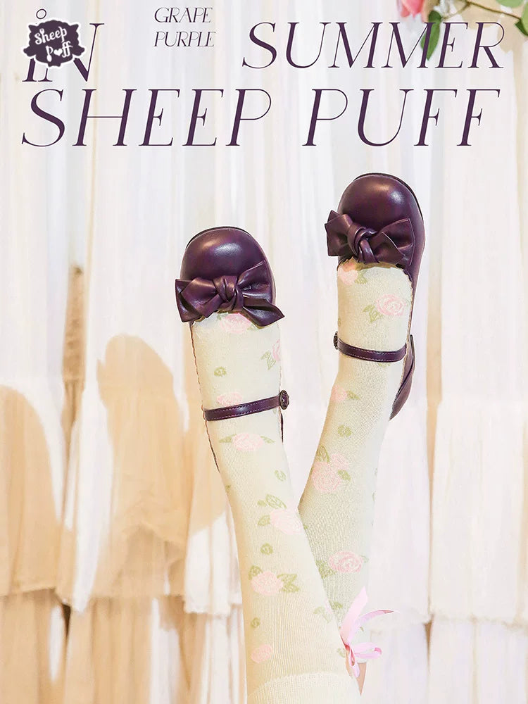 Sheep Puff Grape Mary Jane shoes with rounded bow, featuring soft purple fabric and classic strap design for girls.