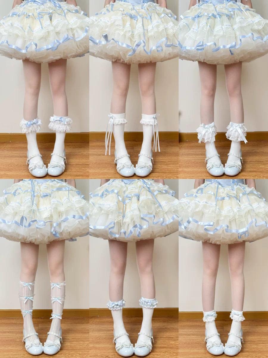 Chubby Bear Tales - Blue Lace Collection - Socks with Blue Bows and Layered Details