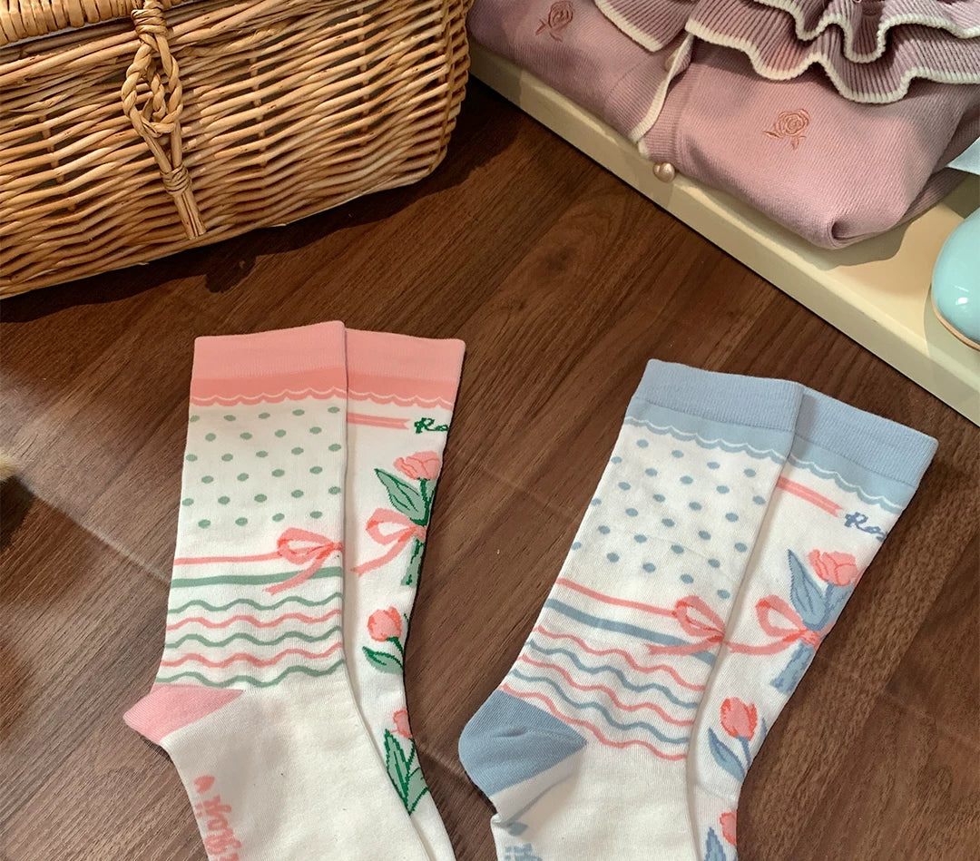 roji roji - Tulip Ribbon - Cotton Socks with Tulip and Bow Motifs