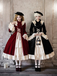 With PUJI - The Nutcracker - Winter Classic Lolita OP Dress, Front Opening - 黑色op3点set(黑色长op+黑色蝴蝶结绅士领+黑色许愿星) 现货 / S