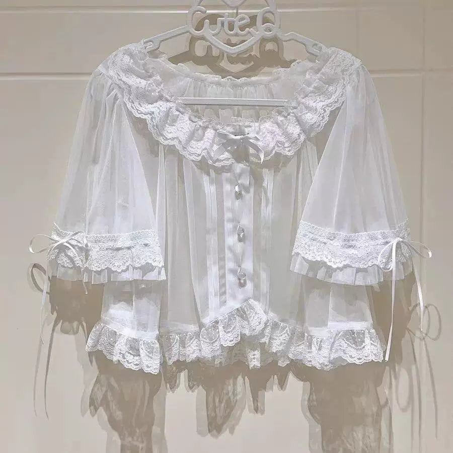 White sheer lace Lolita cropped cardigan with ruffled off-shoulder neckline