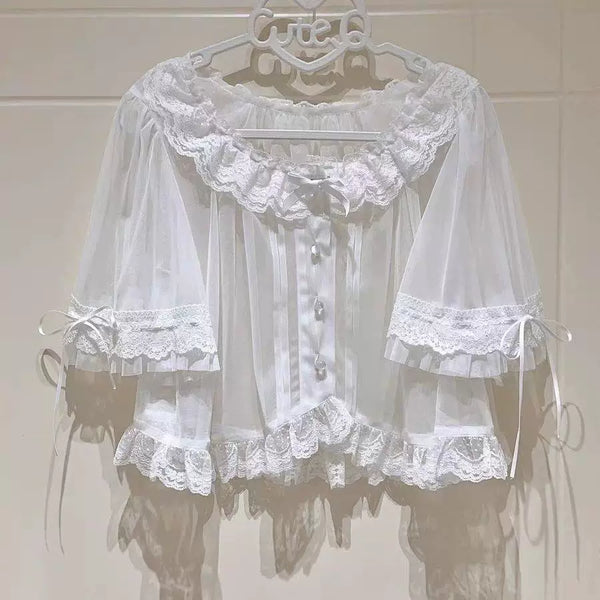 White sheer lace Lolita cropped cardigan with ruffled off-shoulder neckline