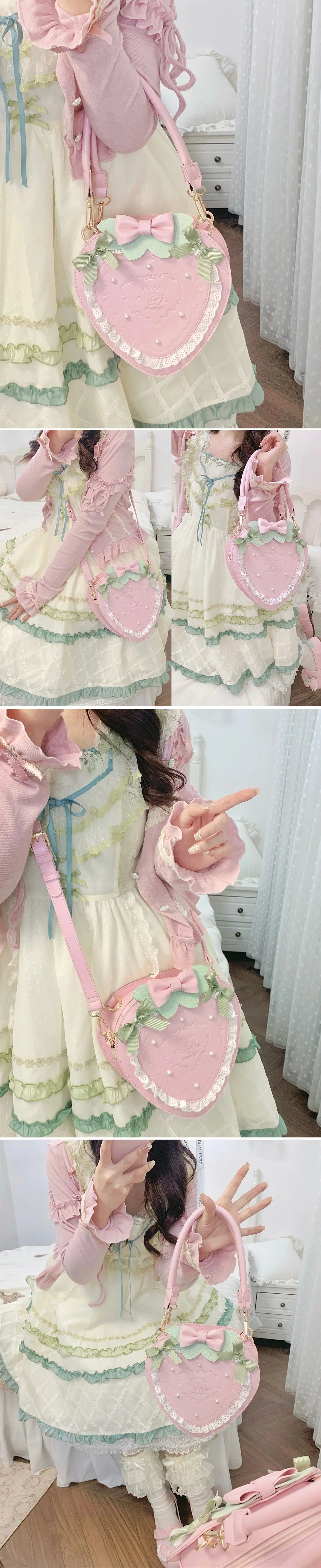 sheeppuff - Strawberry Heart - Heart-Shaped Bag with Lace and Pearl Details