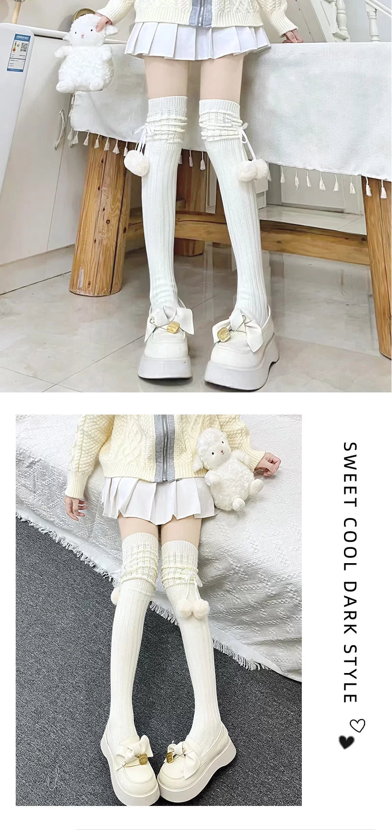 Floral Milk Cat - Pom-Pom Rib - Ribbed Thigh-High Socks with Side Pom-Poms