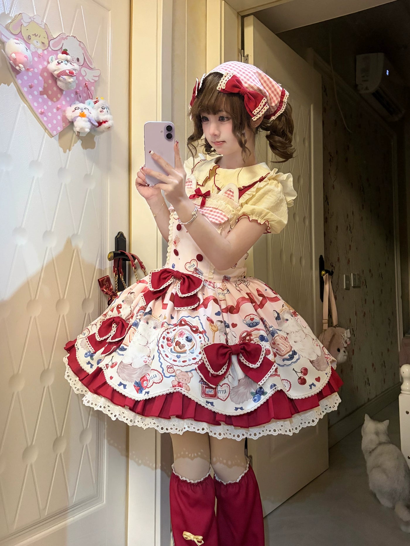 Fluffy Bunny Bubble Cake - Meow Meow Tea Party - Dessert-Print JSK Dress Set with Red Bows