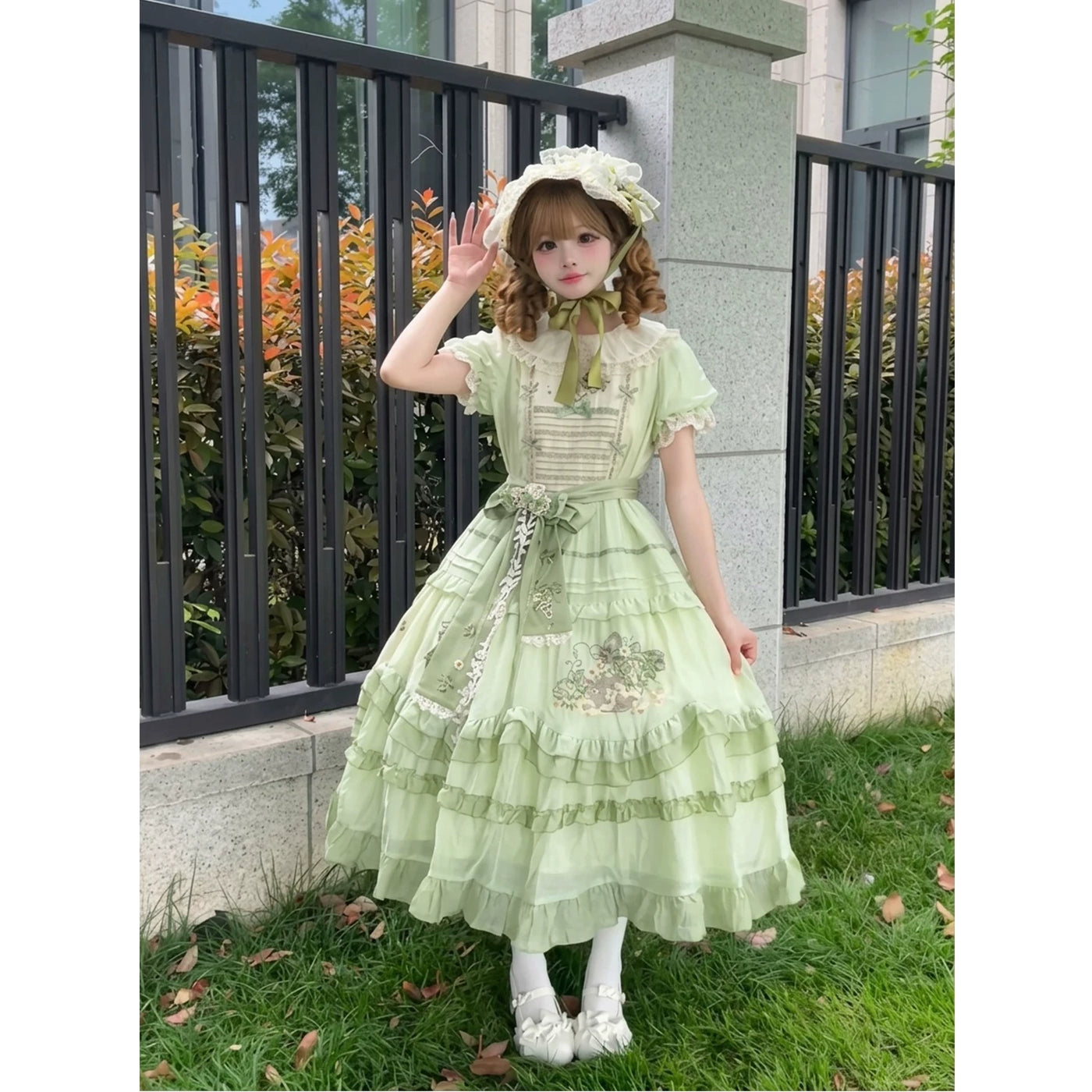 Creamy - Green Grape Embroidery - OP Dress with Full Skirt and Belt