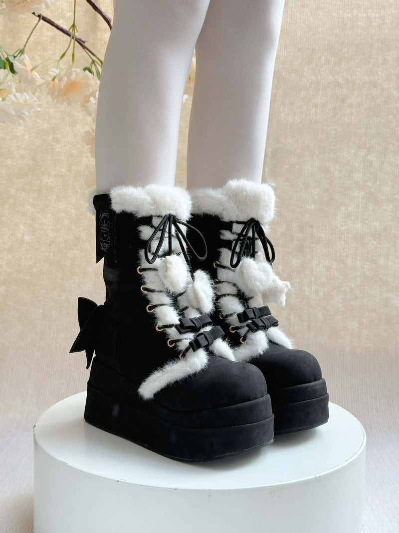 Cheese Mango Tales Fluffy Snow Bunny Heeled Platform Boots — Black 8cm
