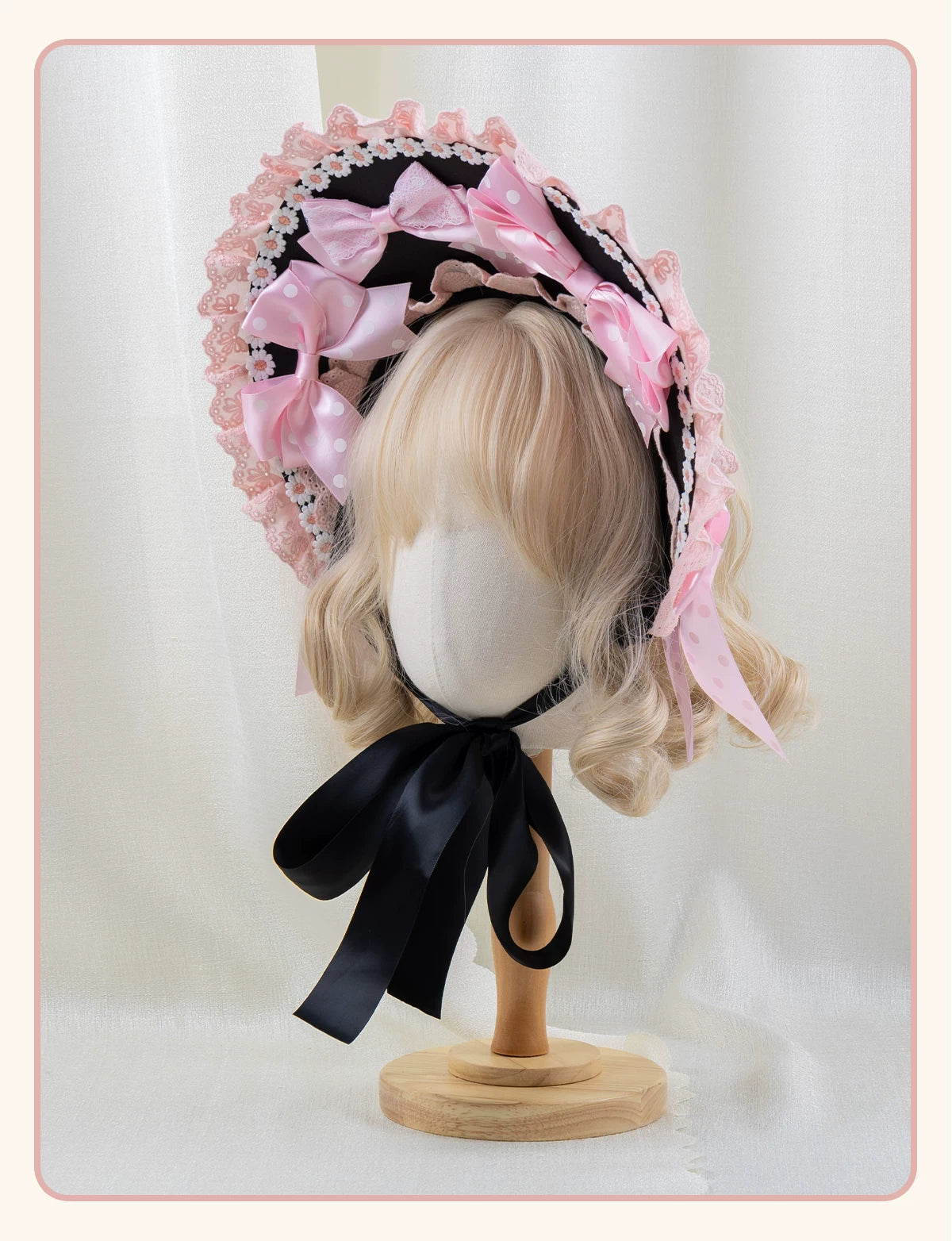 Stardust Rose - Sweet-Cool Polka Dot - Black or Pink Headbands and Flat Caps with Lace Bows